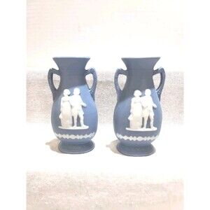 Set Of 2 Vintage Wedgewood Style Jasperware Blue Vase Made in Occupied Japan 4"